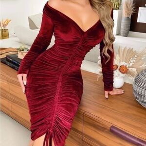 Elegant Burgundy Velvet Off-Shoulder Dress